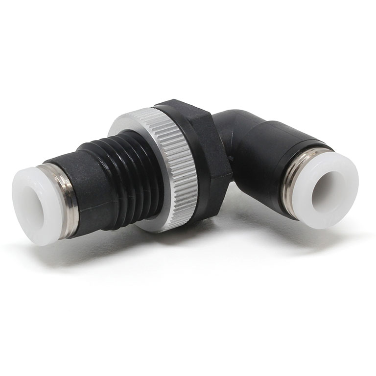 Fitting, Elbow, Union, Bulkhead, Push-in, 1/4" Tube OD, PBT (Plastic)