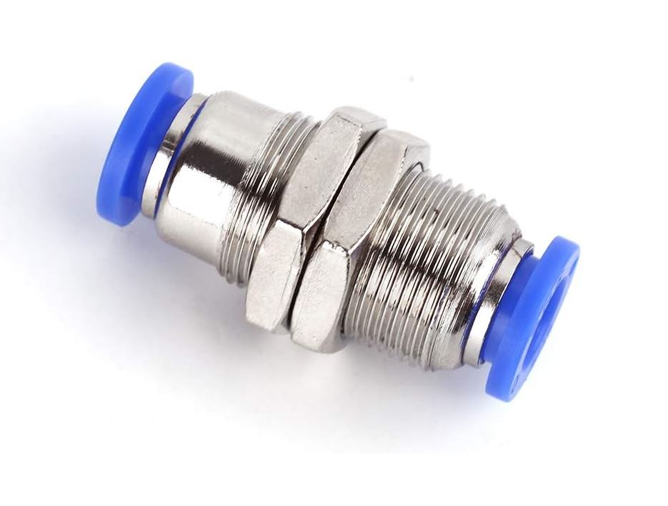 Fitting, Straight, Union, Bulkhead, Push-in, 1/4" Tube OD, Brass, Nickel Plated