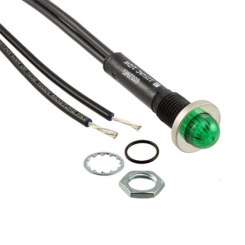 Neon Indicator Light, 0.380" Diameter, Green, Hi Dome Lens, 125V, Wire Leads