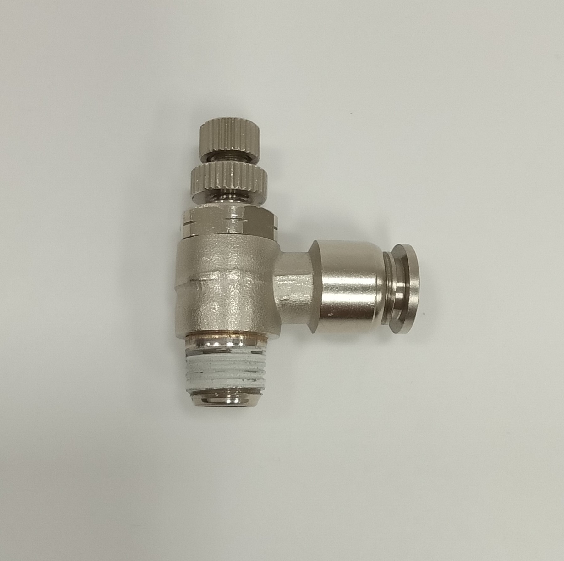 Fitting, Elbow, Swivel, Speed Control, Push-in x MNPT, 1/4" Tube OD x 1/8", Brass, Nickel Plated