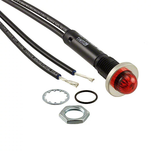 Neon Indicator Light, 0.380" Diameter, Red, Hi Dome Lens, 125V, Wire Leads